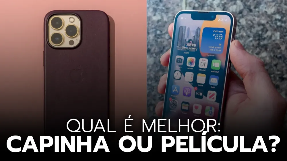 imagem de uma capa e uma película plicadas em um iphone 13 lado a lado
